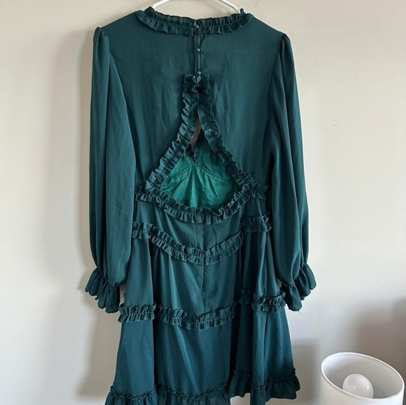 Forest Green Deep V Neck Ruffle Long Sleeve Open Back Flowy Mini Dress - Picture 7 of 7
